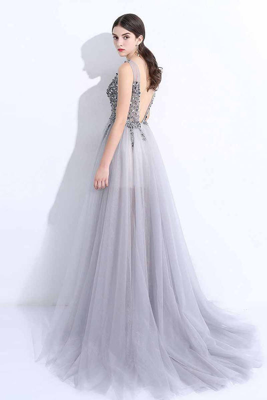 2024 New A-Line V-Neck Grey Tulle Beaded Long Sleeveless Backless Prom Dresses with SRS10086