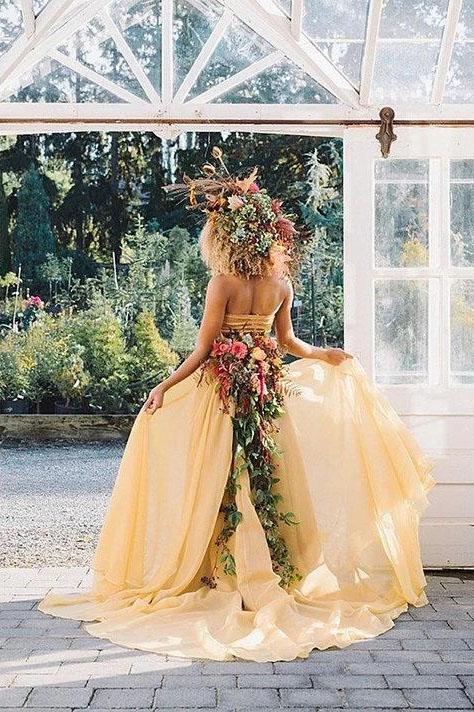 Chic Two Pieces Yellow Long Country Wedding Dresses With Lace, Cheap Prom Dresses SJS15508