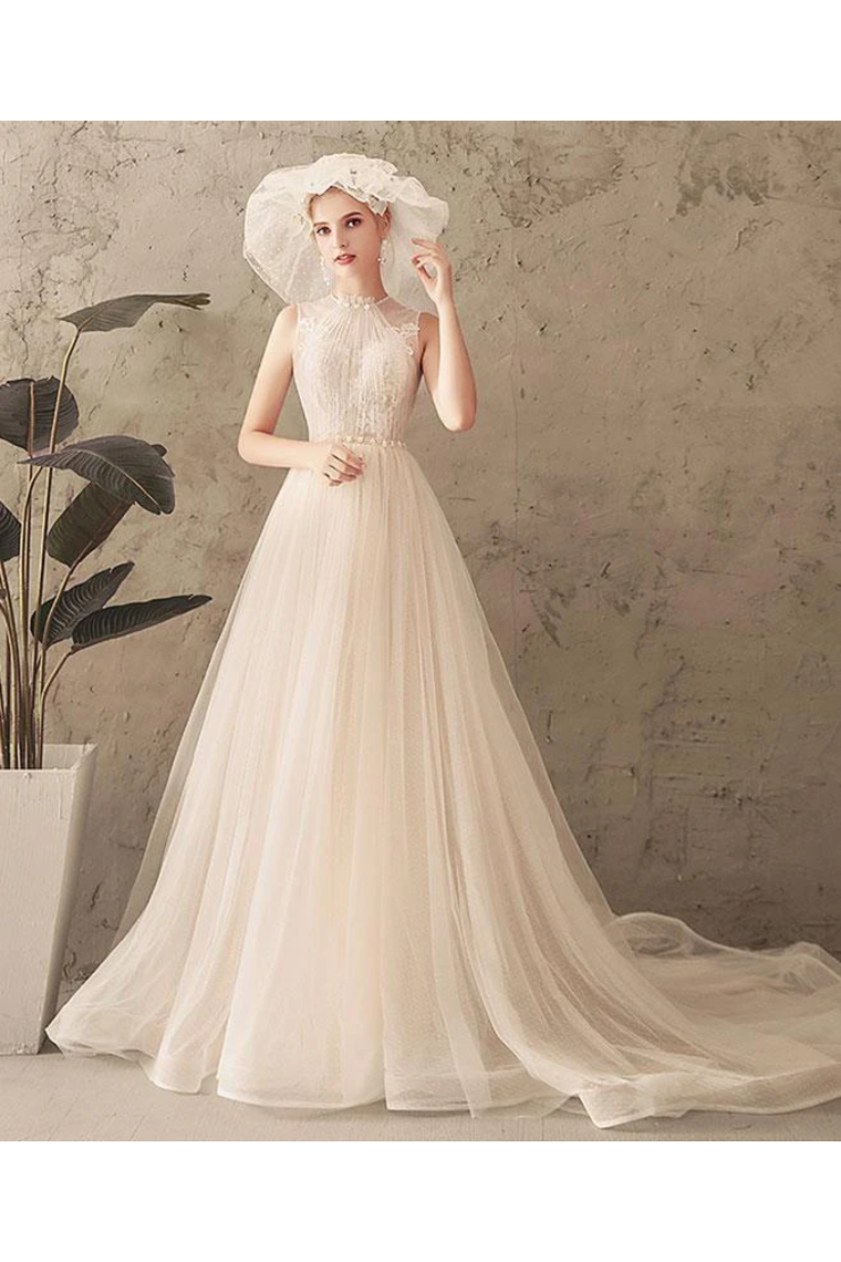 Ivory Jewel Sleeveless Tulle Wedding Dress With Lace A Line Pleats Open Back Bridal SJSPXNMNP57