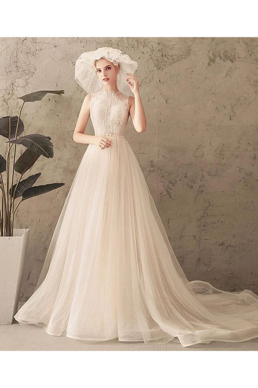 Ivory Jewel Sleeveless Tulle Wedding Dress With Lace A Line Pleats Open Back Bridal SJSPXNMNP57