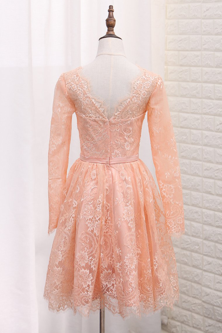 2024 A Line V Neck Long Sleeves Lace Homecoming Dresses With Sash