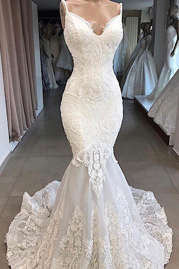 Charming Spaghetti Straps Lace Appliques Tulle Mermaid Wedding SJS20458