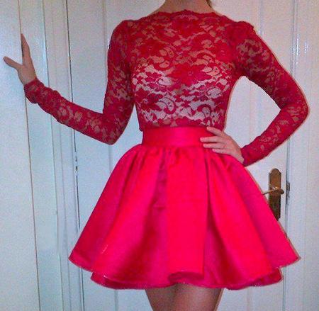 High Neckline Long Sleeves Red Lace Top Short Prom Dresses, Homecoming Dresses SRS15237