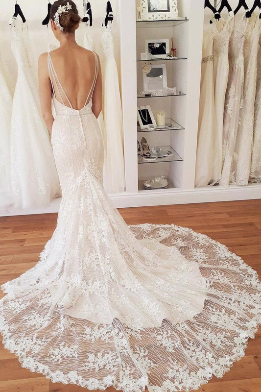 Elegant Spaghetti Straps Mermaid V Neck Lace Wedding Dresses Beach Bridal Dresses SJS15202