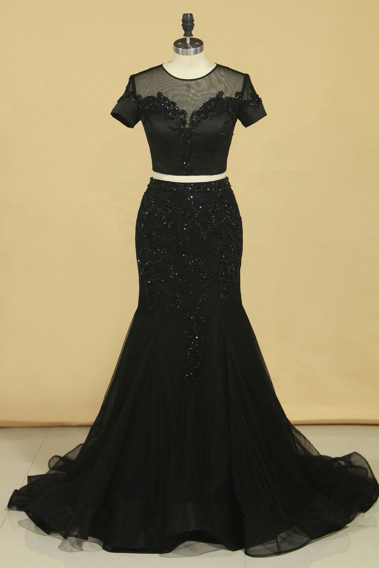 Black Two Pieces Scoop Short Sleeves Mermaid Prom Dresses With Beading Tulle