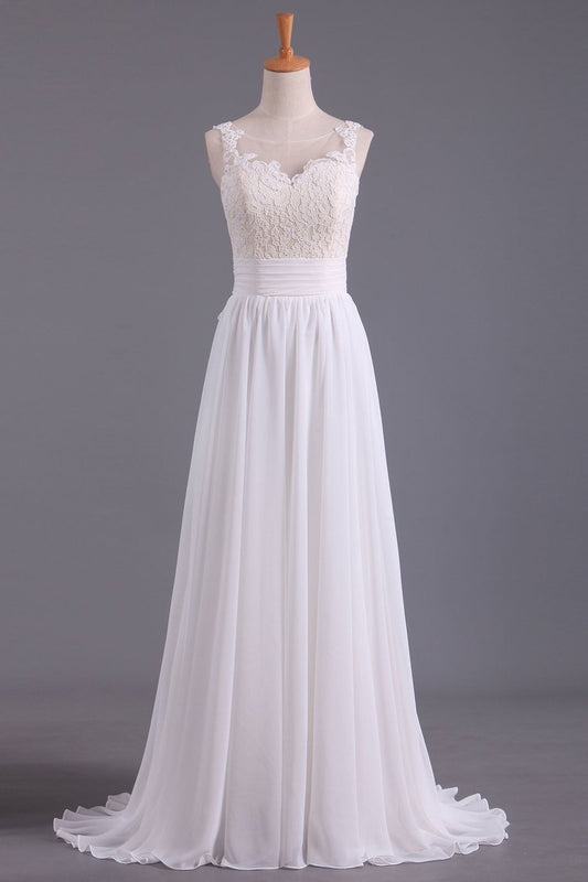 Sexy Open Back Scoop With Applique And Sash Wedding Dresses A Line Chiffon Sweep Train