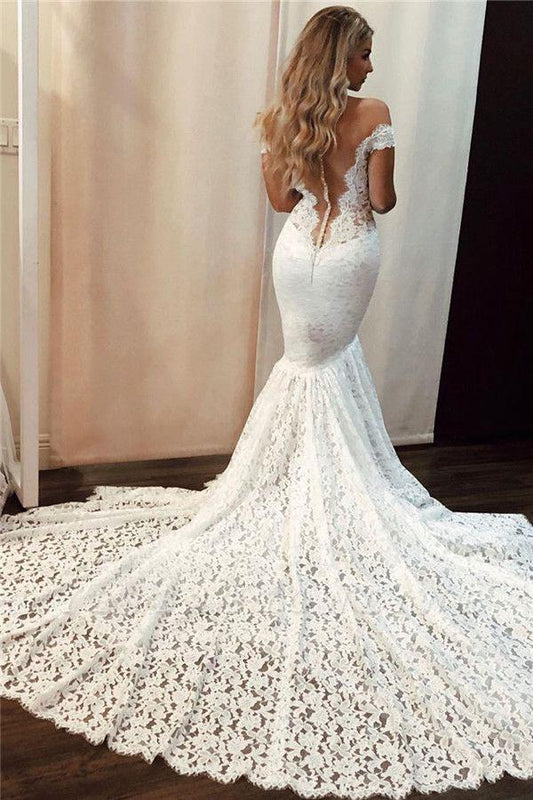 Sexy Off the Shoulder Lace Mermaid Ivory Wedding Dresses, Long Bridal Dresses SJS15344