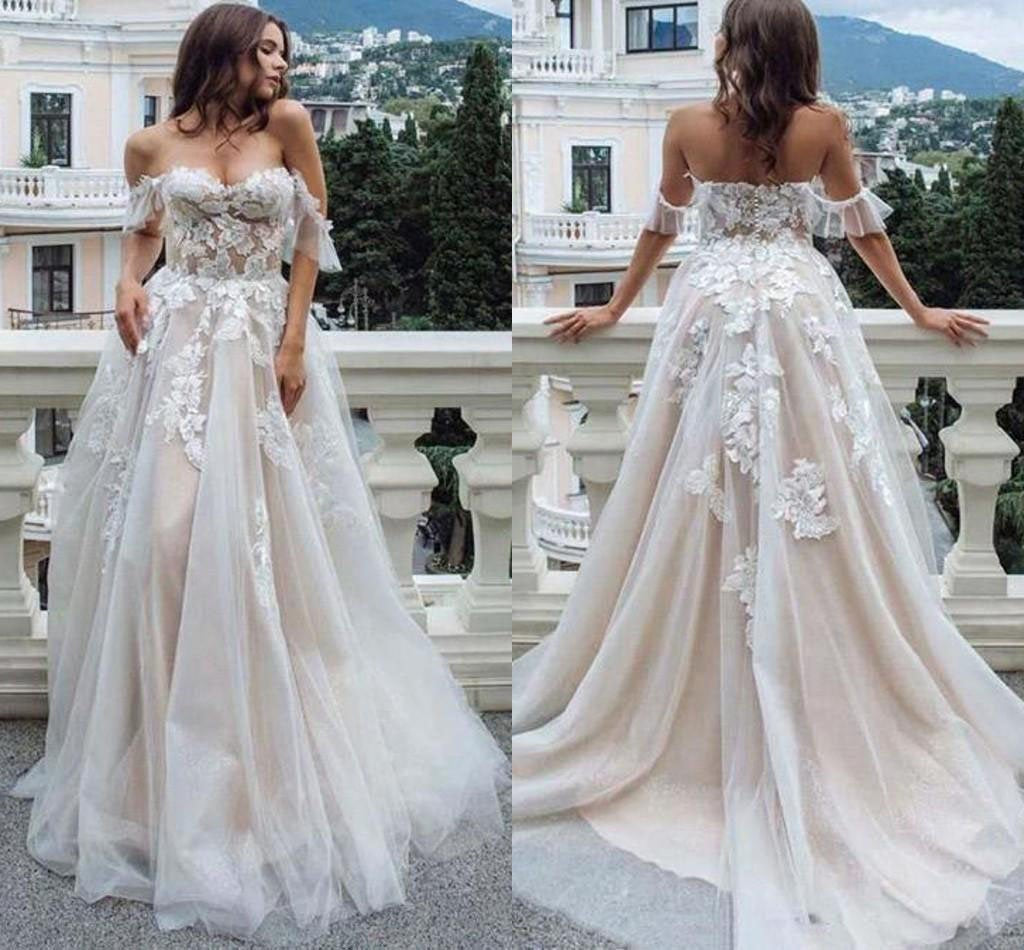 Princess A Line Off the Shoulder Sweetheart Beach Wedding Dresses with Appliques SJS15585