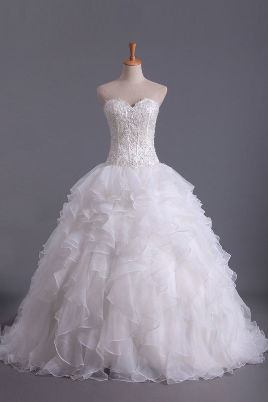 Hot Wedding Dresses Sweetheart With Beads & Applique A Line Organza