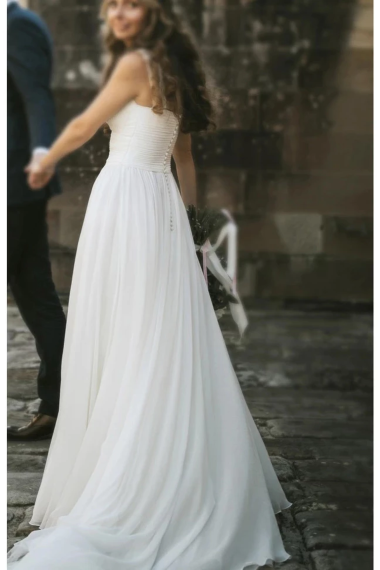 Fairy A-Line V Neck Sleeveless Chiffon Beach Wedding Dresses With Button Simple Bridal SJSP6DZLT86