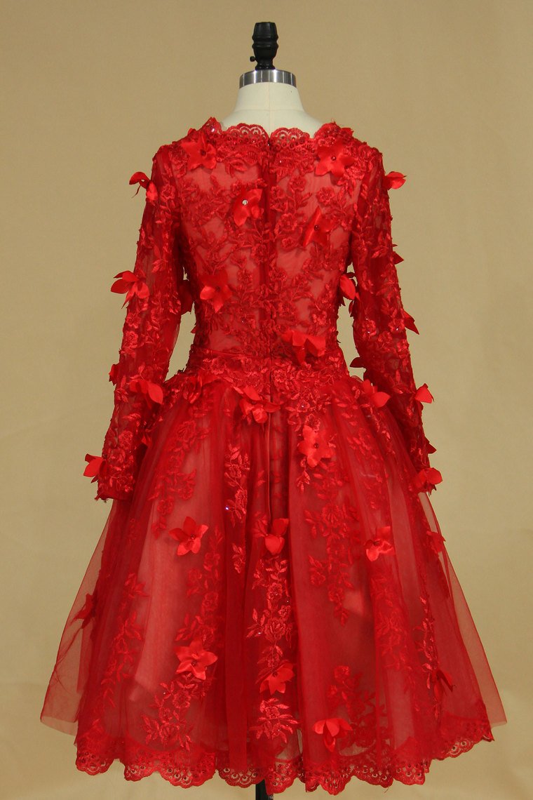 2024 Long Sleeves Bateau Prom Dresses A Line With Applique Tulle Red