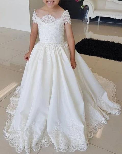 Lovely Cap Sleeves Appliques Ball Gown Little Flower Girl Dress, Off the Shoulder Baby Dress SJS15257