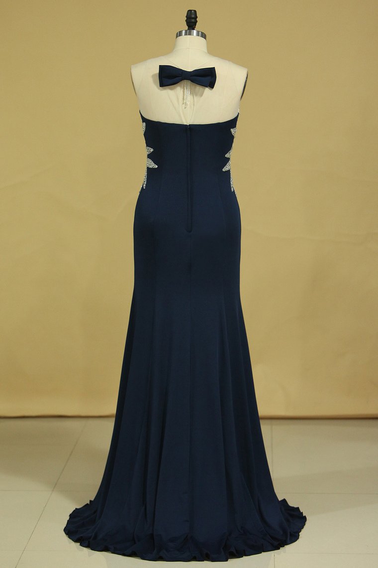 New Arrival Prom Dresses Gorgeous Mermaid Beading Illusion Floor-Length Satin Plus Size