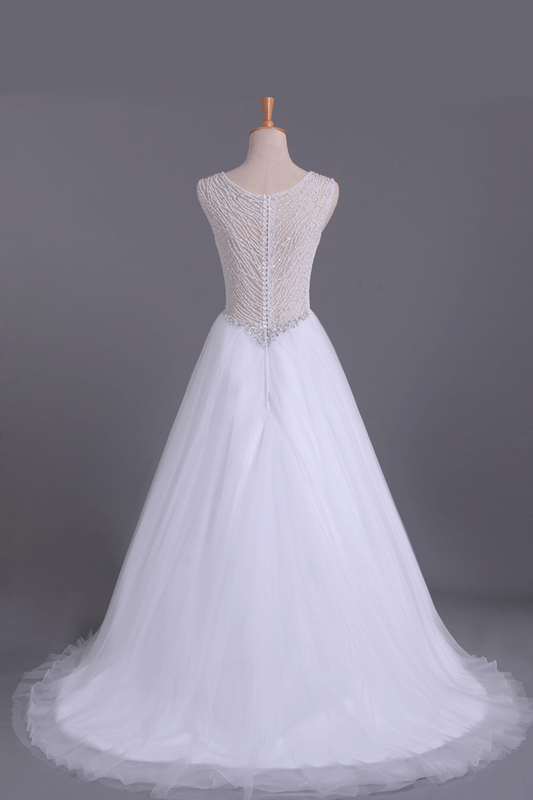 V-Neck A Line Wedding Dresses Tulle Beaded Bodice Court Train