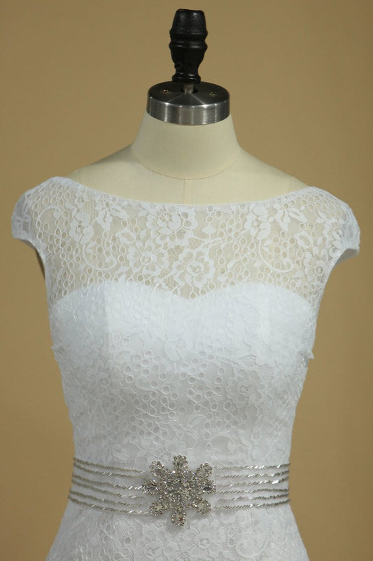 Scoop Cap Sleeves Mermaid Wedding Dresses Beaded Waistband Lace