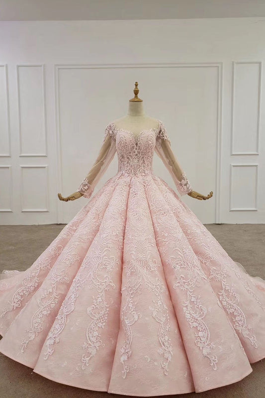 Elegant Ball Gown Pink Long Sleeves Appliques Prom Dresses, Quinceanera SRS20482