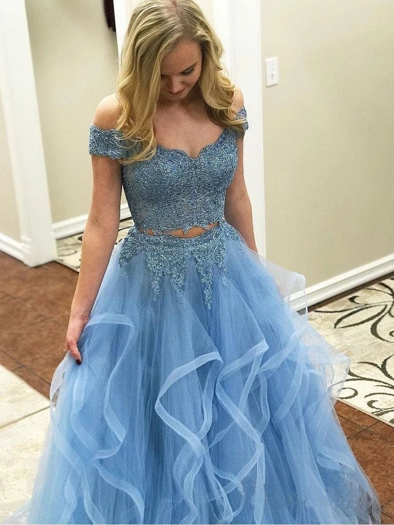 Blue Off the Shoulder Two Pieces Tulle Beads Prom Dresses with Lace Appliques SRS15500