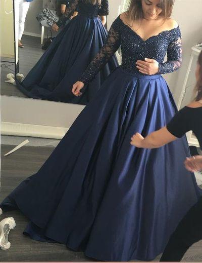 Long Sleeve Dark Navy Long Charming Evening Dress Prom Gowns Formal Women Dresses Z43