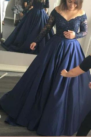 Long Sleeve Dark Navy Long Charming Evening Dress Prom Gowns Formal Women Dresses Z43