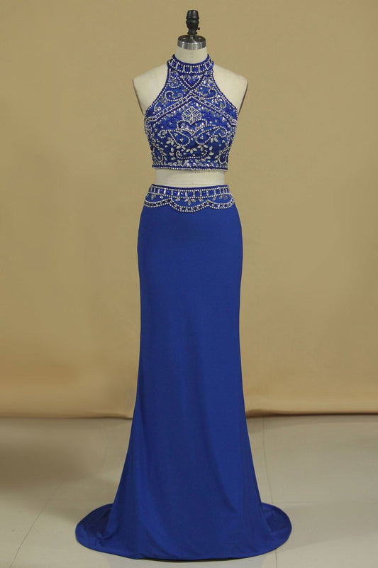 Two Pieces High Neck Beaded Bodice Spandex Prom Dresses Dark Royal Blue