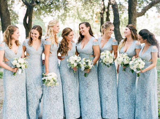 Mermaid Lace Baby Blue V Neck Bridesmaid Dresses for Wedding SJS15653