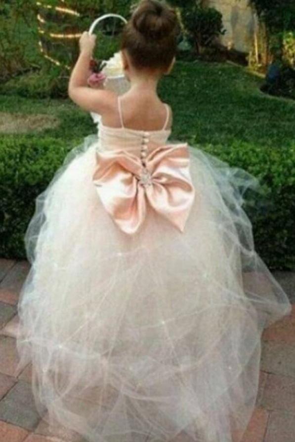 Princess Tulle Beading Spaghetti Straps Bowknot Flower Girl Dresses Lovely Tutu Dress JS777