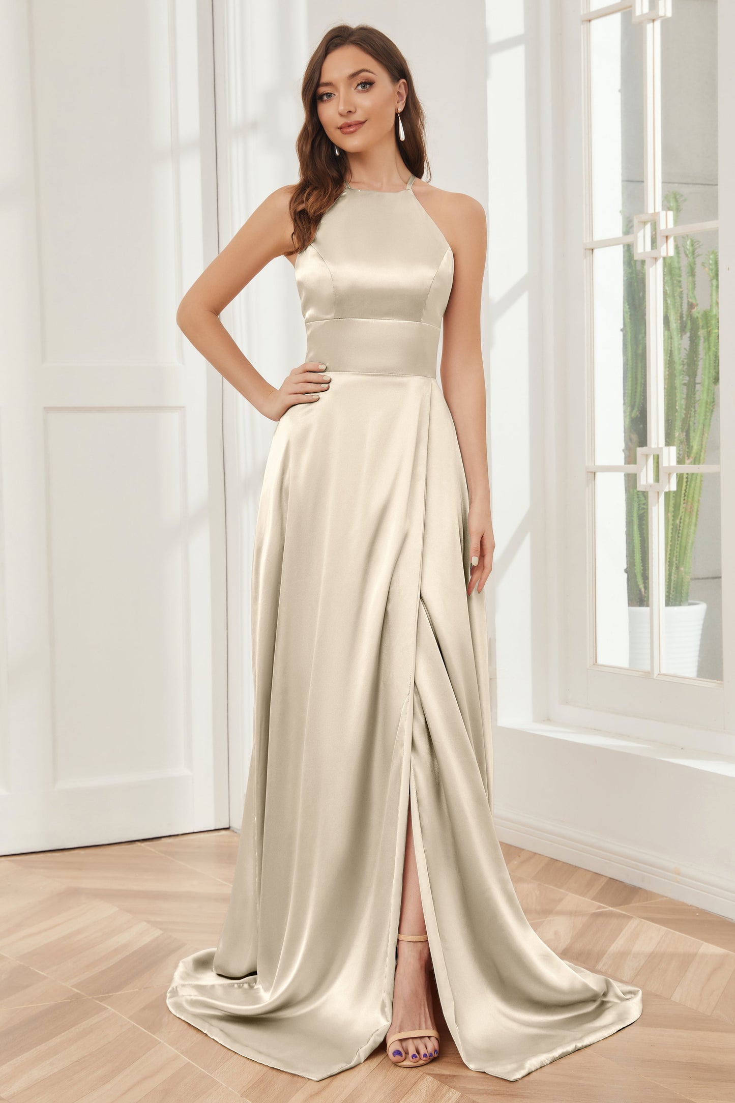 Column Halter Soft Satin Bridesmaid Dress with Pockets