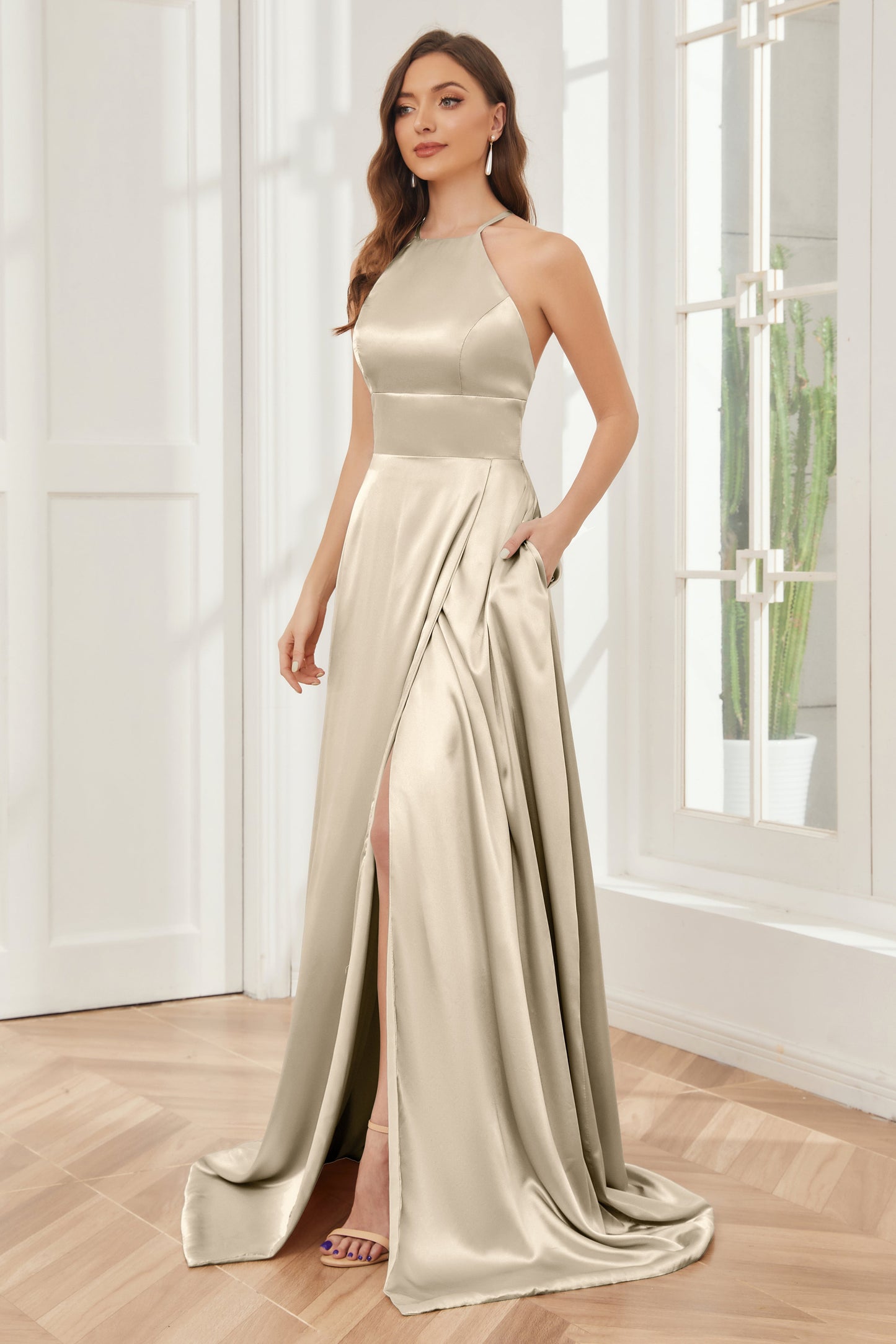 Column Halter Soft Satin Bridesmaid Dress with Pockets