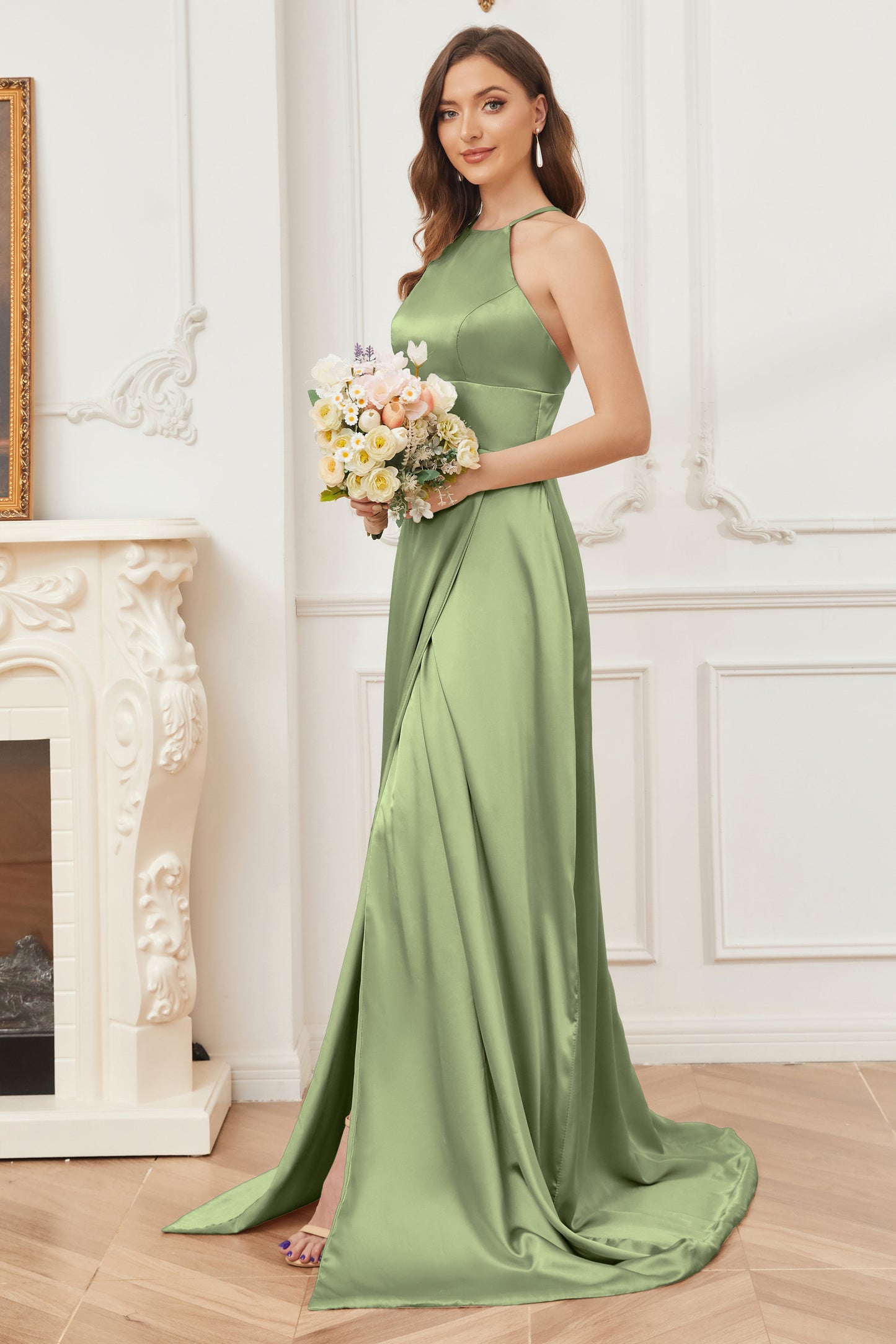 Column Halter Soft Satin Bridesmaid Dress with Pockets