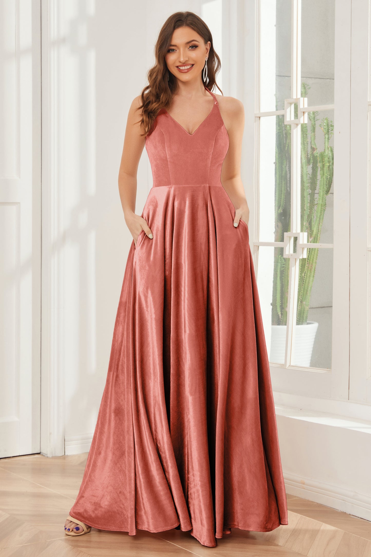 A-line Straps Velvet Bridesmaid Dresses with Slit