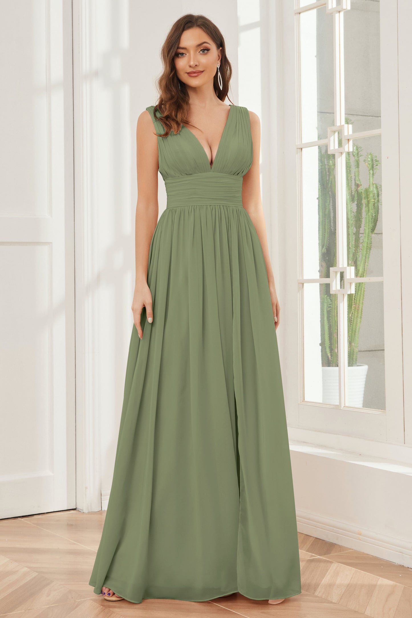 V-neck Split Chiffon Long Bridesmaid Dresses