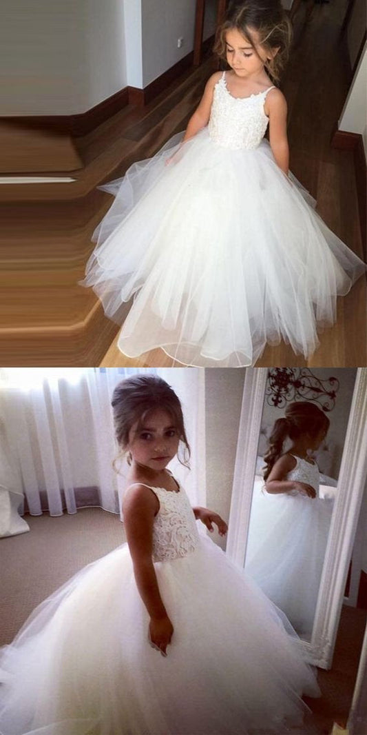 A Line Spaghetti Straps Lace Top Ivory Tulle Flower Girl Dresses For Wedding Party JS773