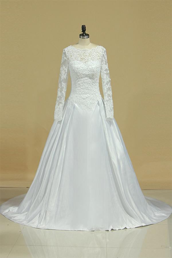 A Line Long Sleeves White Lace Appliques Satin Beads Open Back Wedding Dresses JS815