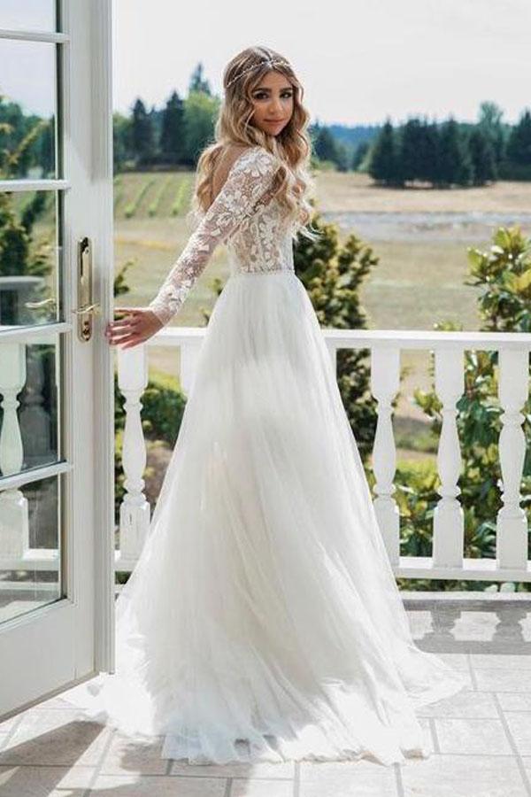 A Line Long Sleeve Deep V Neck Tulle Open Back Lace Appliques Wedding Dresses JS144