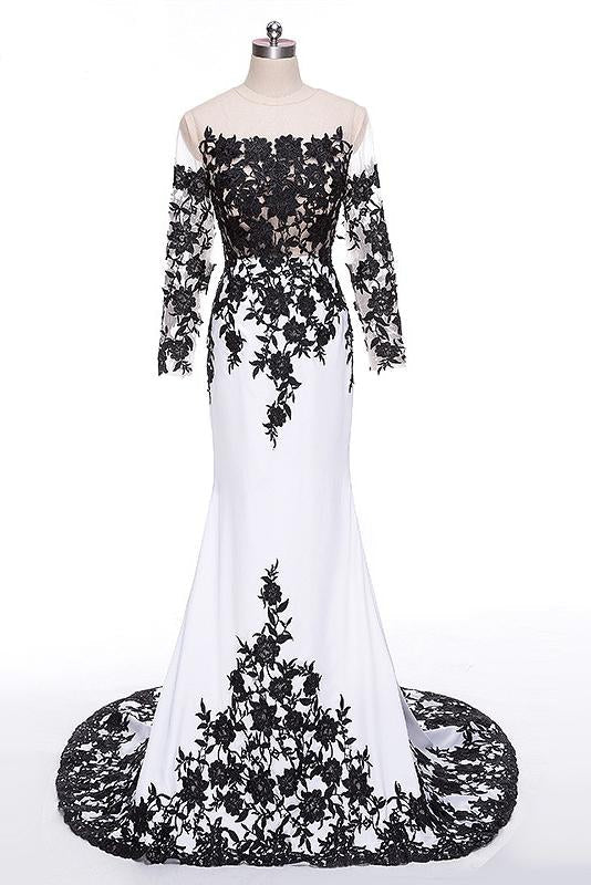 Elegant White Black Lace Appliques Mermaid Long Sleeves Satin Prom Dresses UK JS516