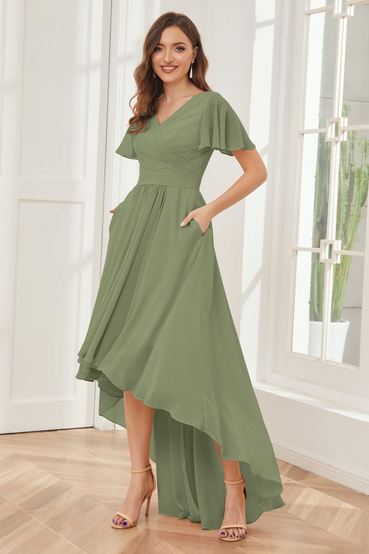 A-line Short Sleeves High Low Chiffon Bridesmaid Dresses