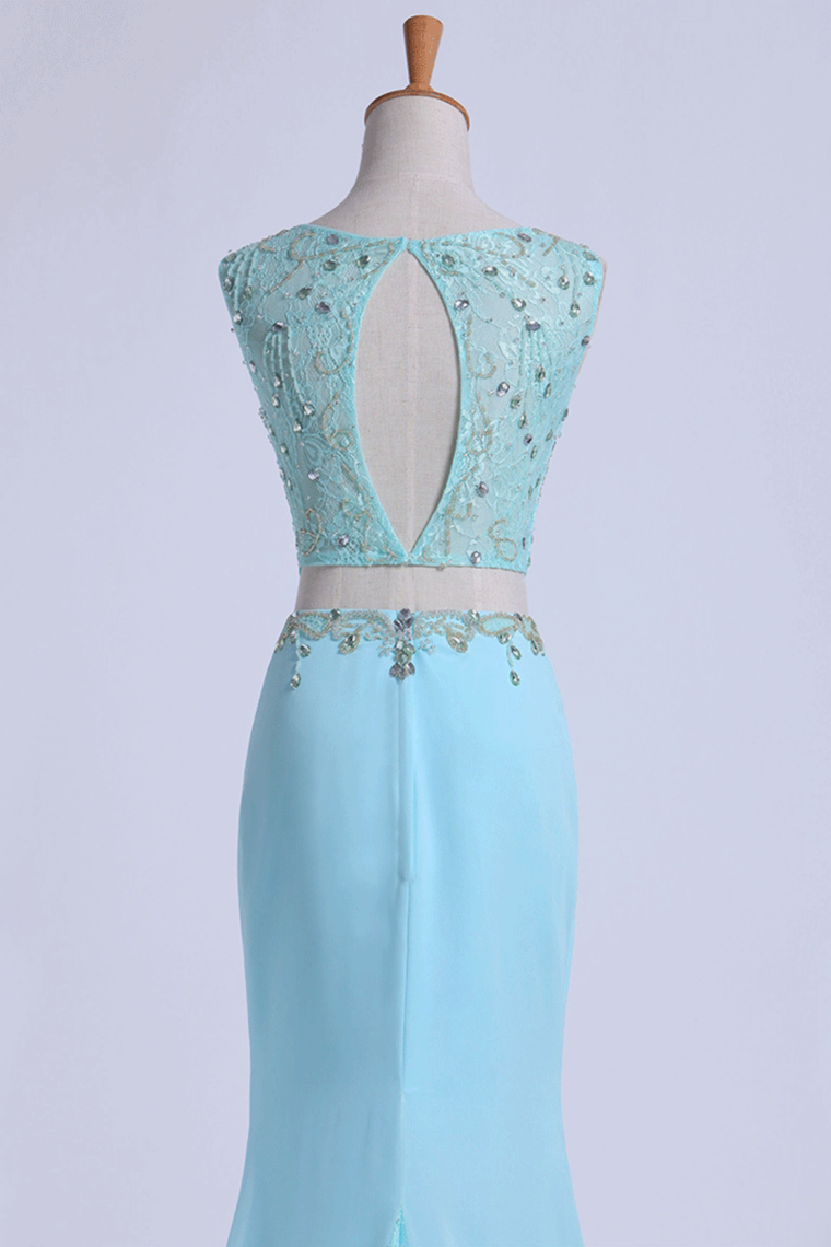 2024 Two Pieces Prom Dresses Scoop Sheath With Beading Sweep Train