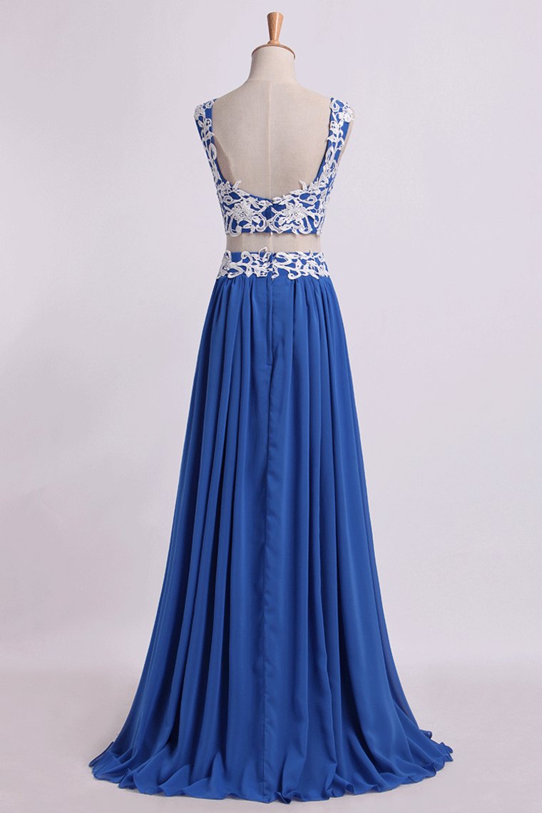 Two Pieces A Line Prom Dresses Chiffon Floor Length With Applique