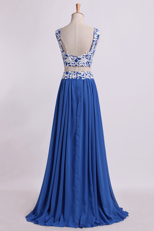 Two Pieces A Line Prom Dresses Chiffon Floor Length With Applique