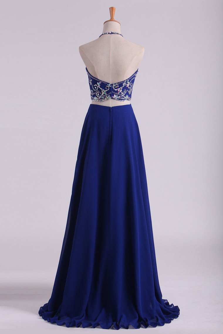 2024 Bateau Two Pieces Prom Dresses Dark Royal Blue A Line Beaded Bodice Open Back Floor Length Chiffon & Tulle