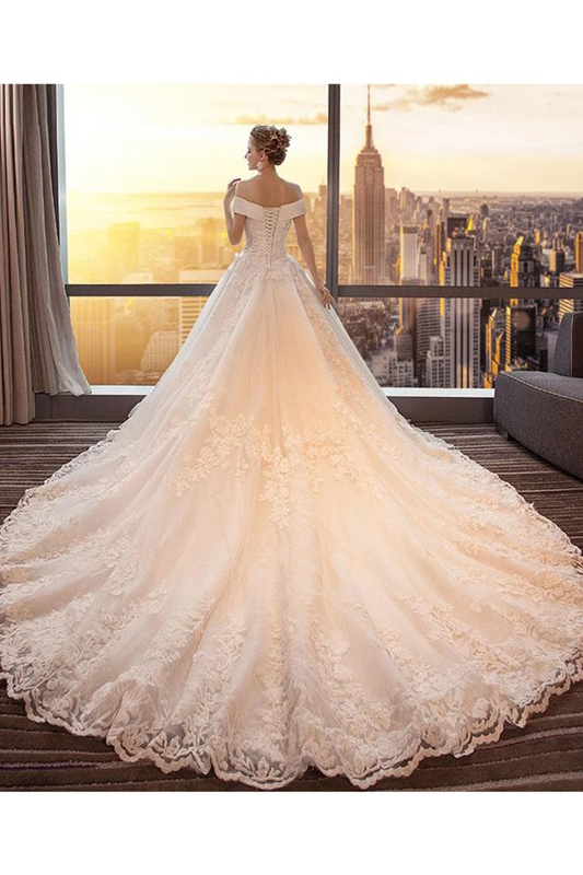 Gorgeous Off The Shoulder Lace Cathedral Train Wedding Dresses Princess Bridal SJSPT58L82L