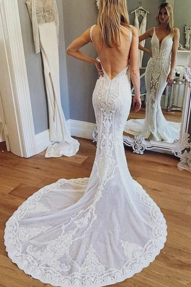 Luxurious Mermaid Lace Ivory V Neck Wedding Dresses, Backless Straps Wedding Dresses SJS15522