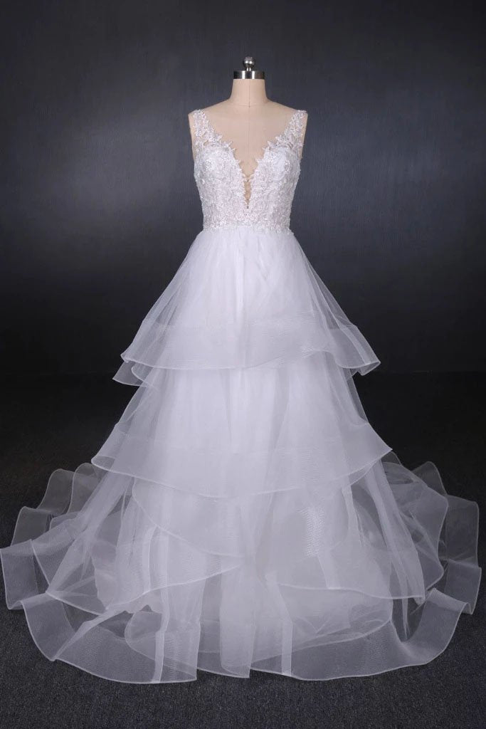 Elegant V-neck Tulle Open Back Wedding Dresses, Asymmetrical Long Bridal Dresses SJS15217