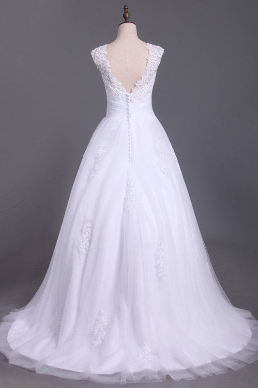 Wedding Dresses A Line Open Back Scoop Tulle With Applique And Beads