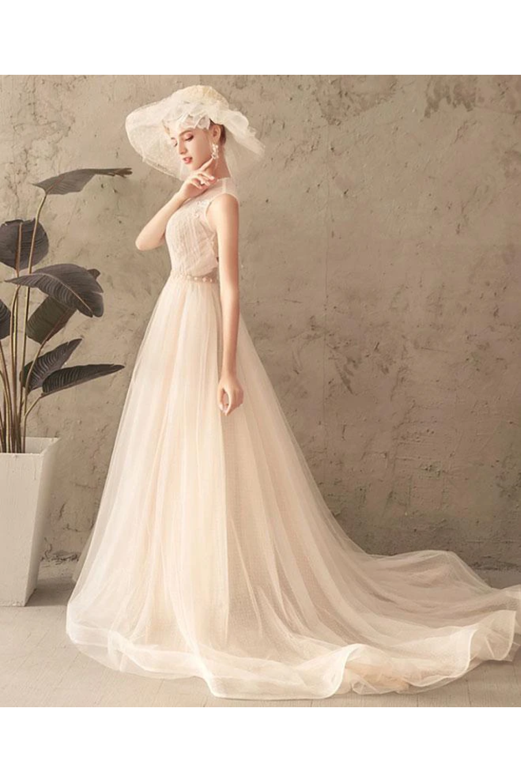 Ivory Jewel Sleeveless Tulle Wedding Dress With Lace A Line Pleats Open Back Bridal SJSPXNMNP57