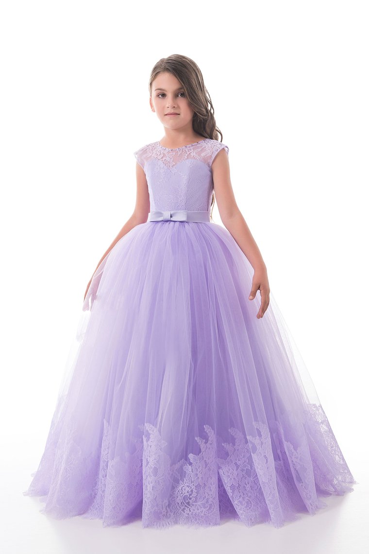 Scoop With Applique And Sash Tulle A Line Floor Length Flower Girl Dresses