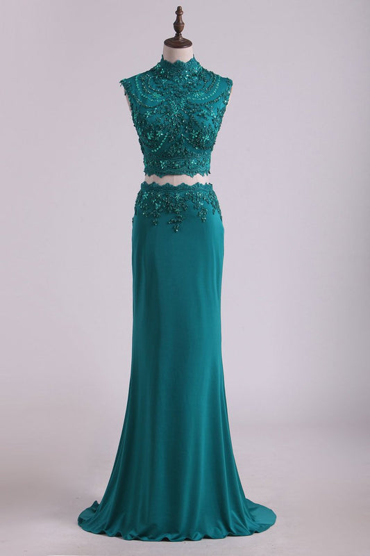 Two Pieces High Neck Sheath Prom Dresses With Applique And Beads