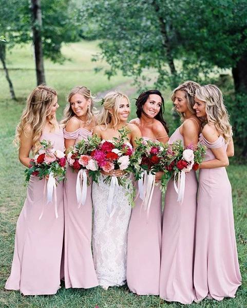 Dusty Pink Chiffon Sheath Off Shoulder Long Bridesmaid Dresses, Wedding Party Dresses SJS15141