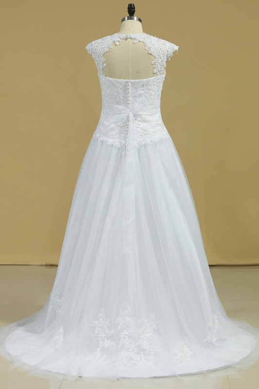 Open Back A Line Tulle With Applique And Handmade Flower Wedding Dresses Court Train