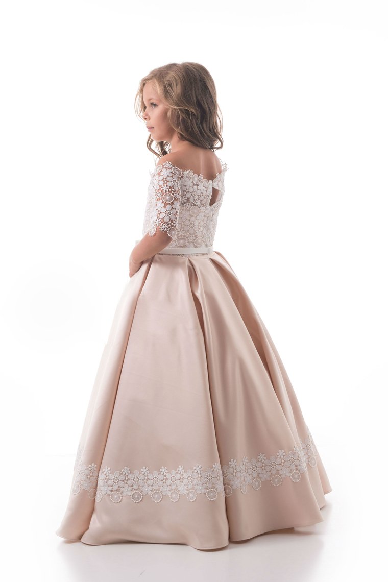 Boat Neck Flower Girl Dresses A Line Mid-Length Sleeves Satin Floor Length